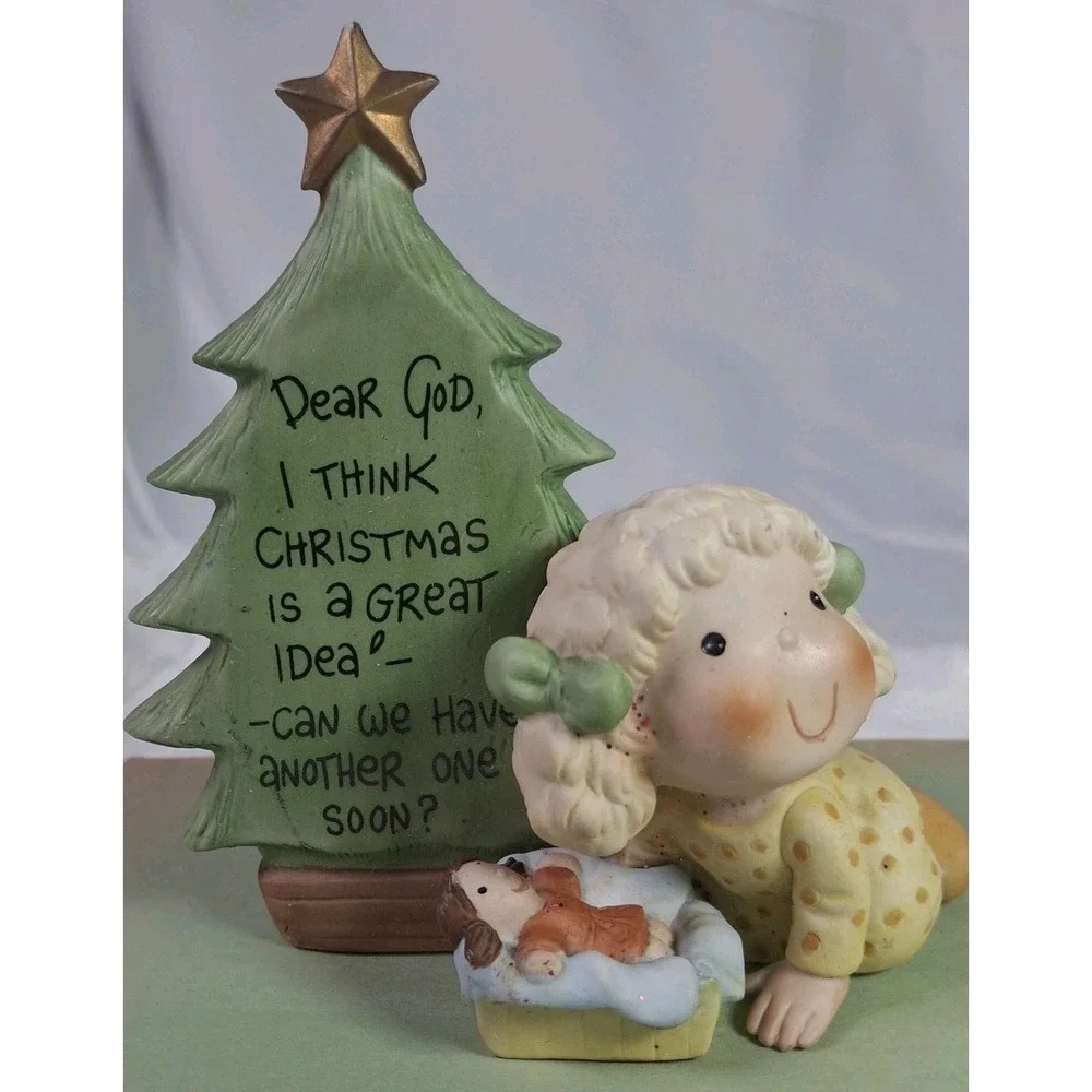 1983 Enesco Dear God Kids Merry Christmas Tree Prayer Baby Jesus Figurine